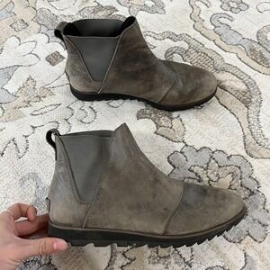 Sorel Boots Womens Size 8 Gray Leather Chelsea Ankle Booties Wedge Lug Sole